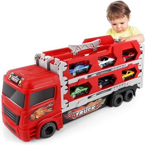 Image of Brand Conquer Big Hauler Storage & Transform Transport Truck Toy for Kids |3-in-1 Carrier Truck with 2 Foldable Ejection Race Tracks & 4 Die-Cast Cars |61 Inch Dual Racing Track | Educational (Red)