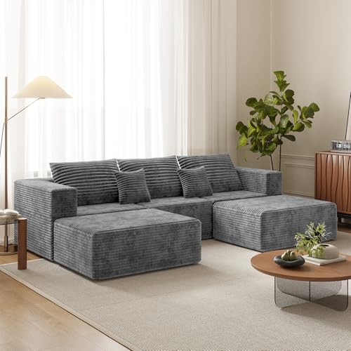Image of 110 inch Modern Fabric Boneless Couch with Deep Seat, Sectional Couches for Living Room, Upholstered Cloud Sofa with 2 Ottoman, No Assembly Required (U Shaped Sofa)
