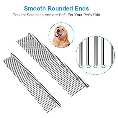 Cafhelp 2 Pack Dog Combs with Rounded Ends Stainless Steel Teeth, Cat Comb for Removing Tangles and Knots, Professional Grooming Tool for Long and Short Haired Dog, Cat and other pets, 6.3IN/7.4IN