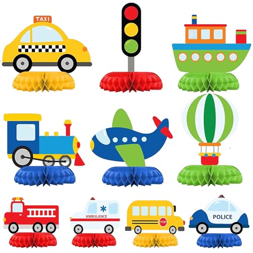 Decorações de festa de aniversário com tema de transporte, 10 peças, centro de mesa de favo de mel 3D para crianças, comboio, carro, avião, barco, decoração de mesa para chás de bebé, suprimentos de