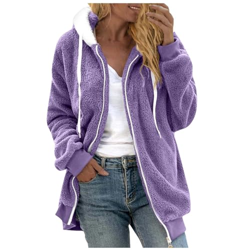 Womens Plus Size Fuzzy Fleece Jacket Winter Full Zip Plush Hooded Cardigan Coats Soft Oversized Shaggy Warm Outerwear
