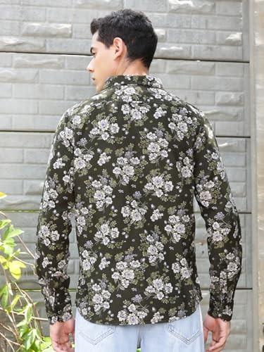 Image of Thomas Scott Men Slim Fit Pure Cotton Corduroy Floral Printed Semi-Formal Shirt