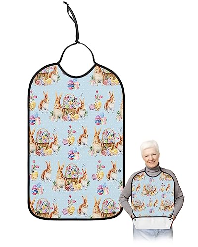 Spring Easter Adult Bibs for Eating, Waterproof Bibs with Food Catcher & Adjustable Snap Closure, Bunny Colorful Eggs Easter Basket Polka Dot Clothing Protectors Adult Bibs for Elderly Women/Men
