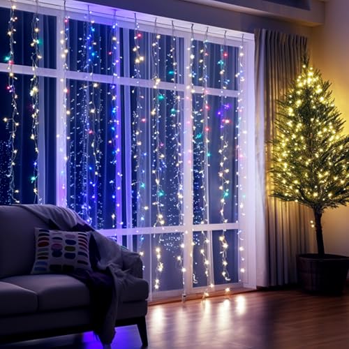 Aigostar Tenda Luminosa Natale RGB, 3m*3m, Tenda Luci 300 LED, Luci Per Tende con 8 Modalità, Impermeabile, Timer, Esterni, Interni, Decorazione Natalizia, Feste