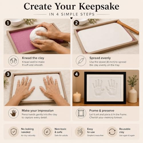 Image of Handprint & Footprint Clay Impression Kit with XL Frame | DIY Keepsake for Couples, Family & Parents | Personalized Memory Gift | 37 x 28 cm Black Frame with White Clay