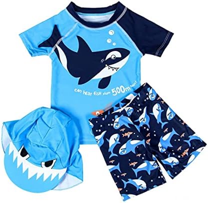 Baby Boys Cartoon Shark Two Pieces Swimsuit Bathing Suits Little Kids Swimwear Rashguard T-Shirt+Boyshort with Hat Cover Up (White, 2-3 Years Old)