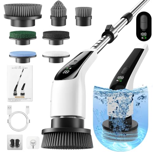 Image of Electric Spin Scrubber, 50 in-lbs High Torque Shower Scrubber & Retractable Long Handle, 10-in-1 Variable Speed Cordless Cleaning Brush for Bathroom, Bathtub, Toilet, Kitchen, Tile Floors & Car