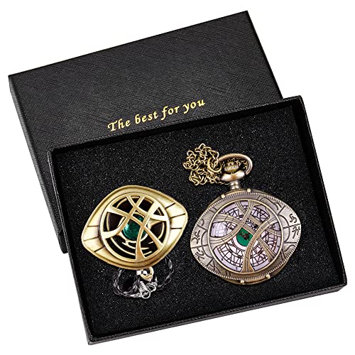 Tiong Men's Hollow Doctor Strange Eye Quartz Pocket Watch,Engraved Eye Dail Design Pocket Watches with Chain for Men