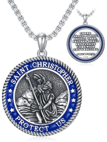 Collier Saint Christophe bleu avec médaille finement gravée