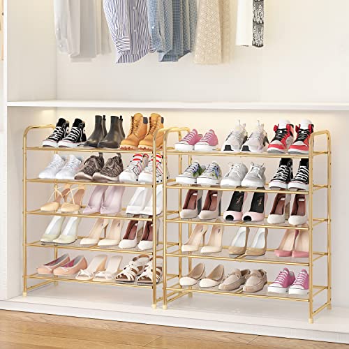 Image of Simple Trending 5-Tier Stackable Shoe Rack, Expandable & Adjustable Shoe Shelf Storage Organizer, Metal Mesh, Gold