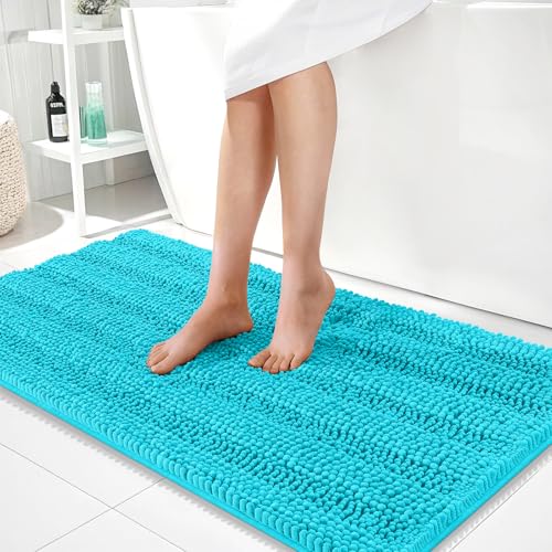 Image of OLANLY Thick Bathroom Runner Rugs 44x24, Extra Absorbent Chenille Striped Bath Rugs, Rubber Backing, Machine Wash Dry, Long Bath Mats for Bathroom, Tub and Shower, Home Decor Accessories, Aqua Sky