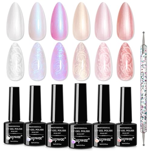 Pearl Gel Polish 6 Colors Shimmer Glitter Nail Polish with Dotting Pen, Pearl White Pink Mermaid Nail Swirl Shell Thread Effect Soak Off UV Gel for Nail Art at Home Manicure Gift for Women