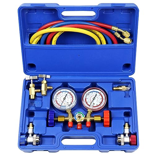 ADAFIRST AC Manifold Gauge Set, 3 Way Car HVAC R134a R404a Refrigerant Charging Tool Kit, with Hoses Quick Coupler Adapter Can Tap Case, for Auto Air Conditioner Freon Diagnostic Test and Recharge