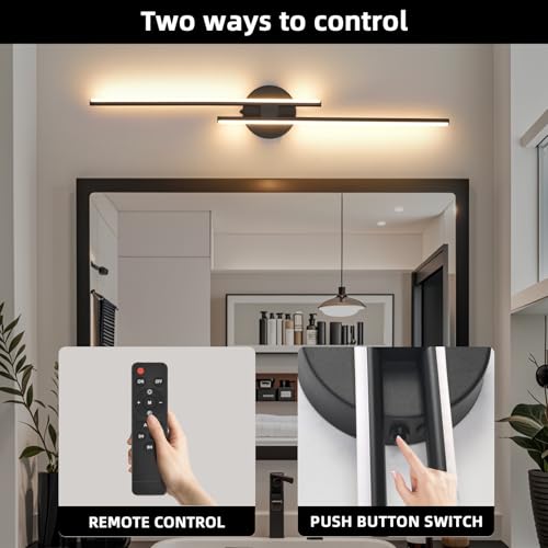 Image of Rechargeable Battery Operated Wall Sconce Set of Two, Black Wireless LED Wall Sconces with Remote Control, Dimmable 3 Colors Cordless Wall Lights for Living Room, Bedroom, Hallway, 31.4 Inch(2pcs)