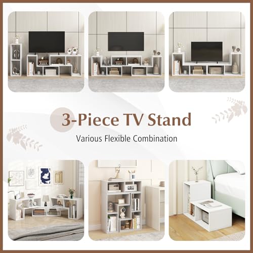 Image of GIANTEX Free-Combination TV Stand for Bedroom - Entertainment Center for 50 55 60 65 Inch TV, 3-Piece Media Console Table with Storage Cubes, Deformable Open Storage Bookcase Shelf (White)