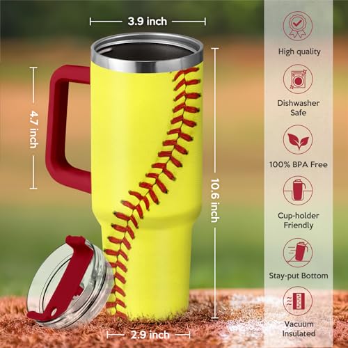 Image of SANDJEST Softball Tumbler with Handle 40oz, Insulated Stainless Steel Cup with Lid & Straw, Sports Lover Gift for Men, Coach, Player, Christmas, Birthday