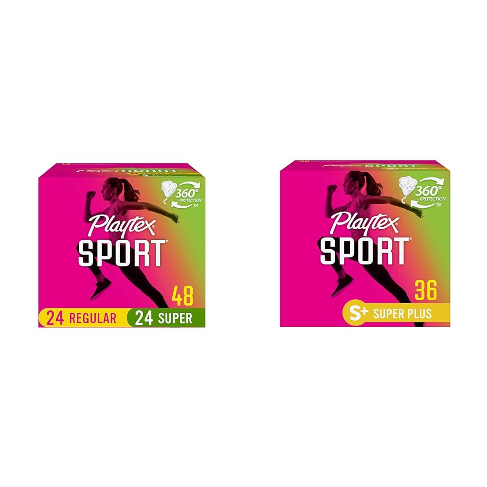 Playtex Sport Tampons, Multipack (24ct Regular/24ct Super Absorbency), Fragrance-Free - 48ct & Sport Tampons, Super Plus Absorbency, Fragrance-Free - 36ct