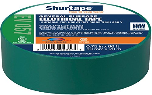 Shurtape EV 57 General Purpose Colored Vinyl Electrical Tape, UL Listed/CSA Approved, 7.0 Mil, Green, 3/4 Inch x 66 Feet, 10-Roll Pack (200785)