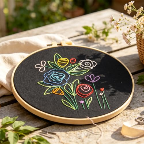 Image of Flowers Embroidery Kits for Adults Beginners, Embroidery Starters Kit, Floral Stamped Cross Stitch Kits Needlepoint Kits for for Beginners Adults Valentine's Day Gifts, Embroidery Hoop, Video Tutorial