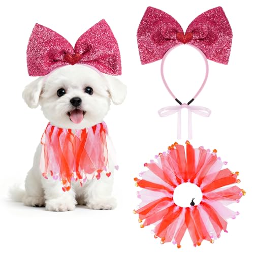 Haakong Dog Valentines Outfit Pink Bow Headband and Dog Collar for Small Medium Dog Cat Valentine’s Day Wedding Birthday Party Accessories (Pink)