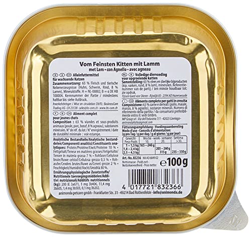 animonda vom Feinsten Kitten Katzenfutter nass mit Lamm (32 x 100g), Kitten getreidefreies Katzen Nassfutter ohne Zucker, mit frischen fleischigen Zutaten