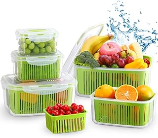 Luxear Fresh Food Storage Containers for Fridge, 5 Pack Fridge Storage Keep Fresh Produce Saver Microwave Safe BPA Free with Colander, Vegetable Lettuce Salad Fruit Containers for Fridge, Green