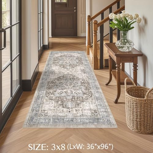 Tortania Area Rug 3x8 Runner Rugs - Washable Vintage Oriental Farmhouse Thin Indoor Carpet for Living Room Bedroom Hallway Entryway Kitchen Under Dining Table Home Office - Brown Blue