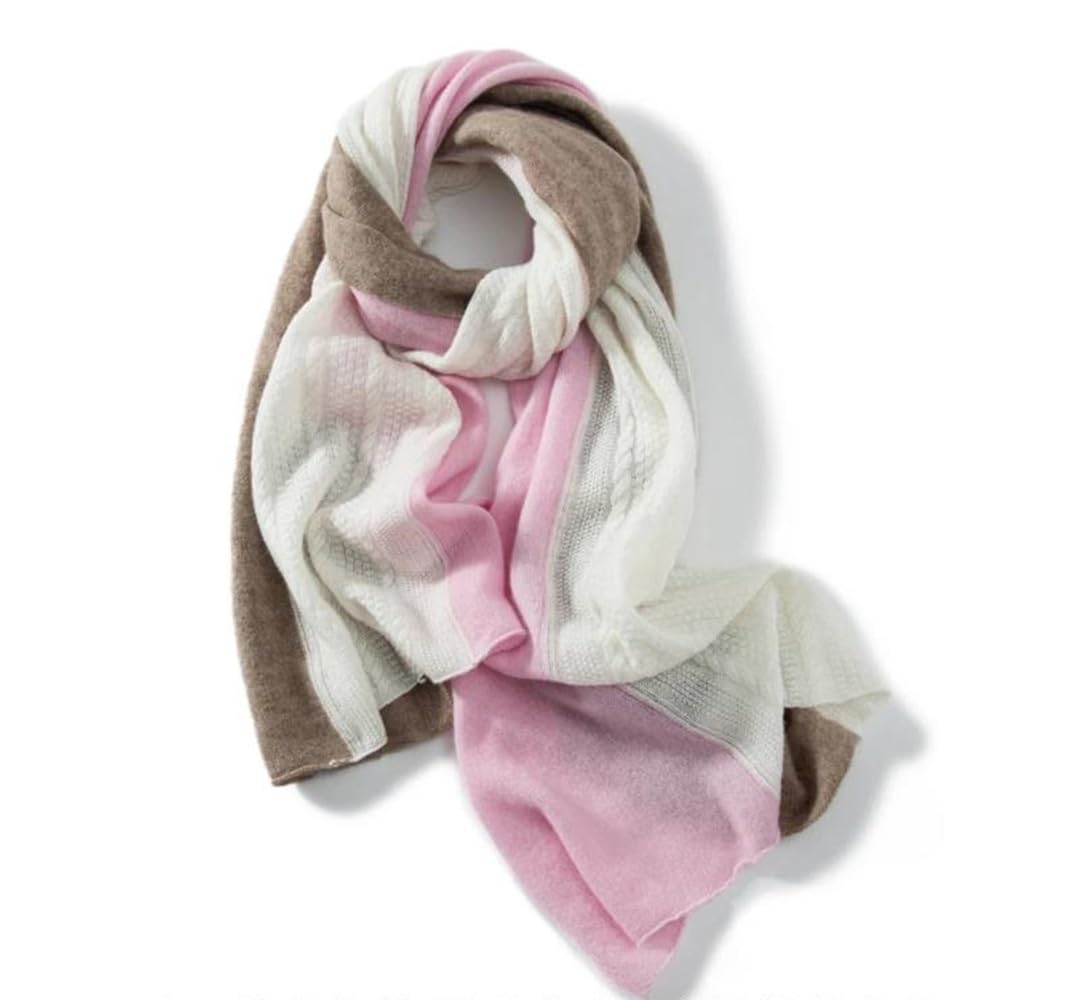Chal de Cachemira de Invierno para Mujer, Tejido de Punto con Estampado de Rayas Jacquard y Patchwork, Suave y cálido (Beige, Talla única)