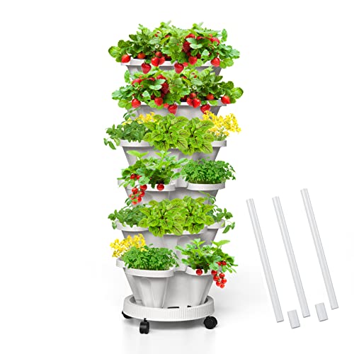 Tectsia 6 Tiered Strawberry Vertical Planters, Stacking Tower Garden with Support Pole, Stackable Herb Vegetable Planters Indoor and Outdoor - White