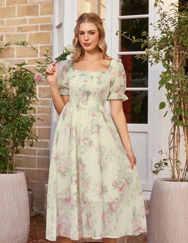 Image of Scarlet Darkness Floral Dress for Women Summer Puff Sleeve Square Neck A Line Flowy Wedding Guest Tea Party Dresses