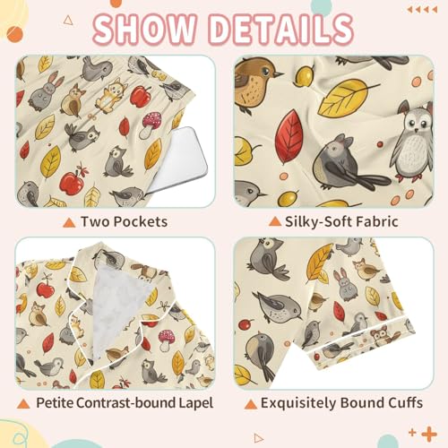 senya Autumn Leaves Bird Satin Summer Pajama Sets Silk Short Sleeve Button Down Sleepwear3