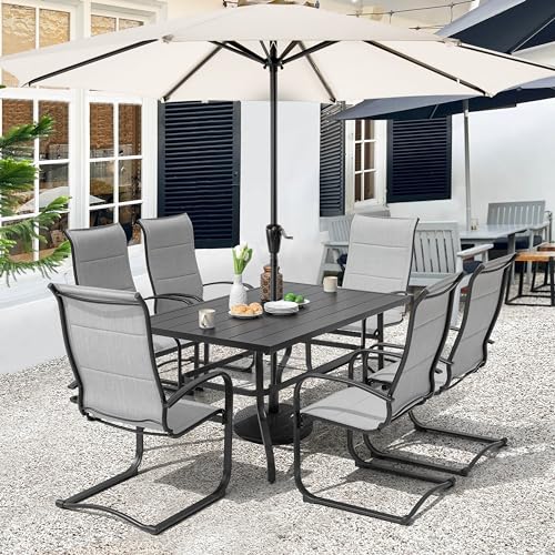 Image of NUU GARDEN 7 Piece Outdoor Dining Set, 6 Textilene Dining Chairs and 61 inch Rectangular Dining Table with 1.57 inch Umbrella Hole, for Backyard, Patio, Garden, Gray and Black