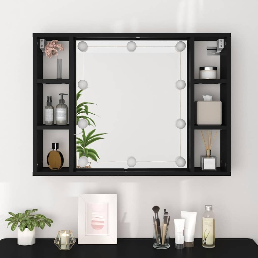 Modern Black LED Mirror Cabinet with Integrated Lighting and Six Spacious Compartments for Organized Storage in Bathroom or Bedroom