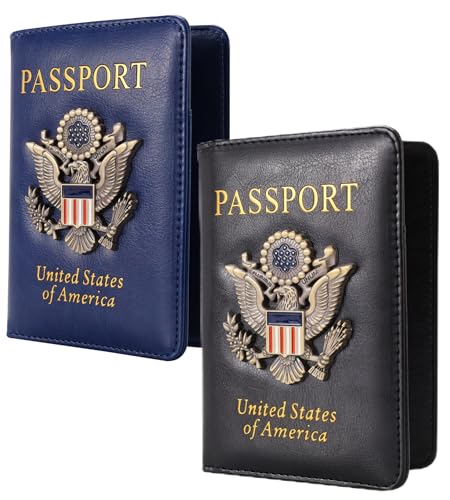 Image of 2 Pcs Passport Holder for Travel with Card Slot RFID Blocking Leather Family Passport Wallet Travel Accessories for Men and Women (Blue and Black)