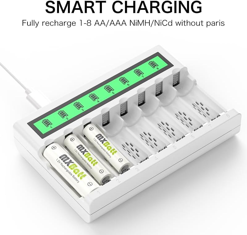Miniatura 9 de MXBatt Baterías AA recargables de 1.2 V 3300 mAh de alta capacidad, pilas recargables AA NiMH 16 unidades con LCD individual AAAAA cargador de
