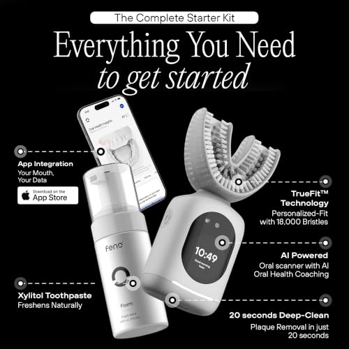 Image of Feno Smartbrush Founders Edition Plus - Electric Toothbrush Powered by Artificial Intelligence with Custom Mouthpiece, Foam Toothpaste (3 Tubes), Tongue Scraper and Subscription