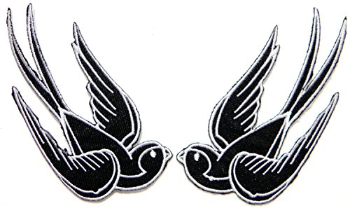 2 Black Bird Sparrow Swallow Dove Tatoo Rockabilly Biker Ride Jacket Vest Patch Sew Iron on Embroidered Badge Custom