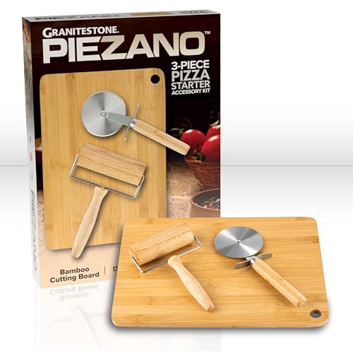 Granitestone Piezano Pizza Oven 3 Pc Accessories Kit - Comes with Pizza Dough Roller, Pizza Cutter, and Wooden Pizza Serving Board, 3 Pc Pizza Oven Accessories Kit