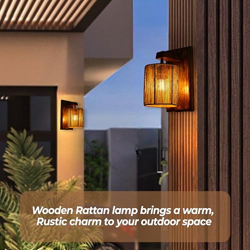 Image of Ikari Homes Rustic Wooden Wall Lamp I Cylindrical Raffia Shade I Vintage Wall Lamp I Boho Wall lamp for Bedroom /Balcony /Living Room /Outdoor /Entrance - Size 10 by 5 in (Twisted Raffia)