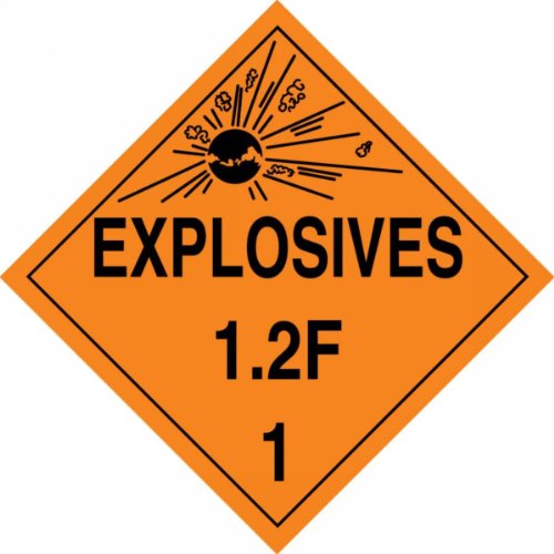 Accuform MPL114VP100 Plastic Hazard Class 1/Division 2F DOT Placard, "Explosives 1.2F 1" with Graphic, 10-3/4" Width x 10-3/4" Length, Black on Orange (Pack of 100)
