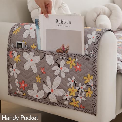 Image of HOKIPO 'HomeHues Series' Printed Quilted Sofa Seat Mat for 2 Seater Sofa with 2 Armrest Covers with Pockets, Pastel Brown Sandwort Flower (IN-807-D1 + IN-814-D1*2)