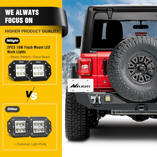 Image of Nilight Rear Bumper with Spare Tire Carrier for JL JLU Unlimited | For Wrangler JL JLU Unlimited(2 /4 Doors) 2018-2026 2 inch Hitch Receiver w License Plate Bracket 2 LED Lights D-rings