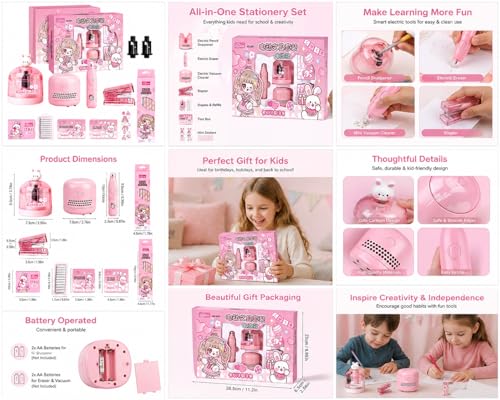 Image of Magicwand Battery Operated Pencil Sharpener,Electric Eraser,Vacuum Cleaner Stationery Set with 10 Eraser Refills for Kids,Adults for Home Office School【3 Yrs & Up】【Cranberry Pink】