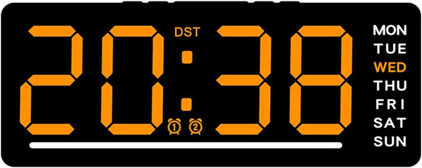 Davant view of the ThreeH Digital Alarm Clock displaying 20:38, DST indicator, two alarm icons, and the day of the week as WED in orange.