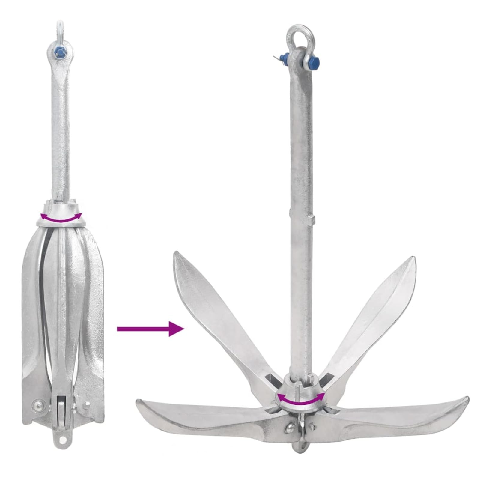 Ancla Plegable de 4 Garras para Barco - 65x11x11 cm, Hierro Galvanizado, 10 kg, Cuerda de 30 m
