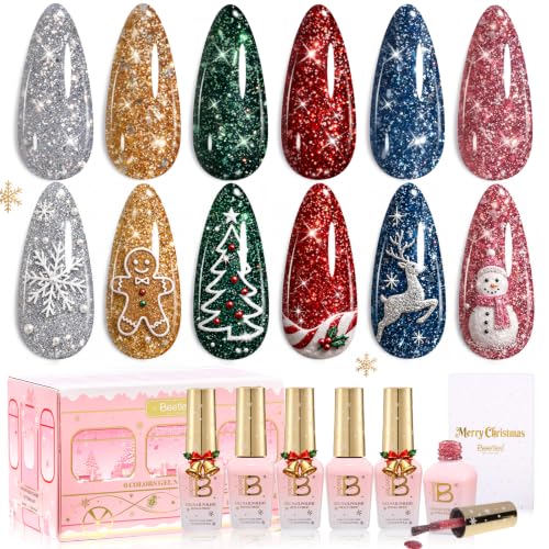Image of Beetles Christmas Gel Nail Polish Set, 6 Colors Glitter Red Green Gold