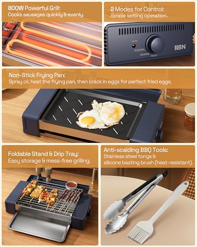 HBN 3-in-1 Hot Dog Roller Grill Machine with Nonstick Plate & Grill Rack, 800W Compact Indoor Electric Sausage Griller for Kitchen, Home, Small Space Use (Royal Blue)