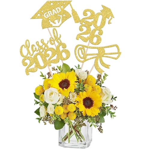12 PCS Class of 2026 Grad Centerpiece Sticks Decorations Congrats Grad 2026 Cake Toppers Diploma Graduation Cap 2026 Table Flower Centerpiece Sticks for 2026 Graduation Theme Party Supplies Gold