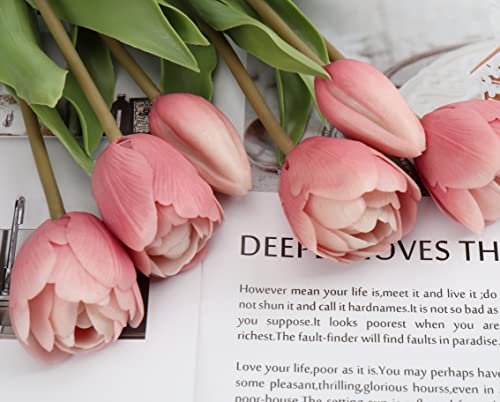 Image of DILATATA 6 Pcs Artificial Tulips Flowers Pink Real Touch Fake Latex Tulips Flowers for Mother's Day 14 inch Faux Tulips Faux Flowers for Vase Centerpieces Home Wedding Bouquet