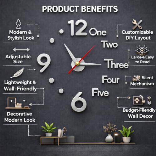 Image of PulGos 90cm Giant DIY Wall Clock - 3D Modern Number Sticker for Home, Office, Living Room, Bedroom & Hall - Large Frameless Self-Adhesive Wall Decor - Stylish Acrylic Statement Timepiece for Interior